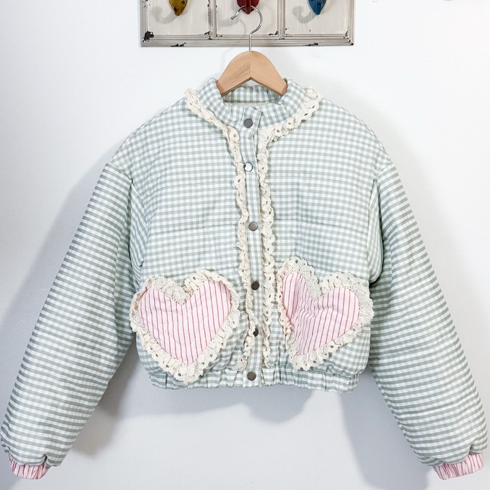 Altar'd State Gingham Jacket with Pink Heart Patches